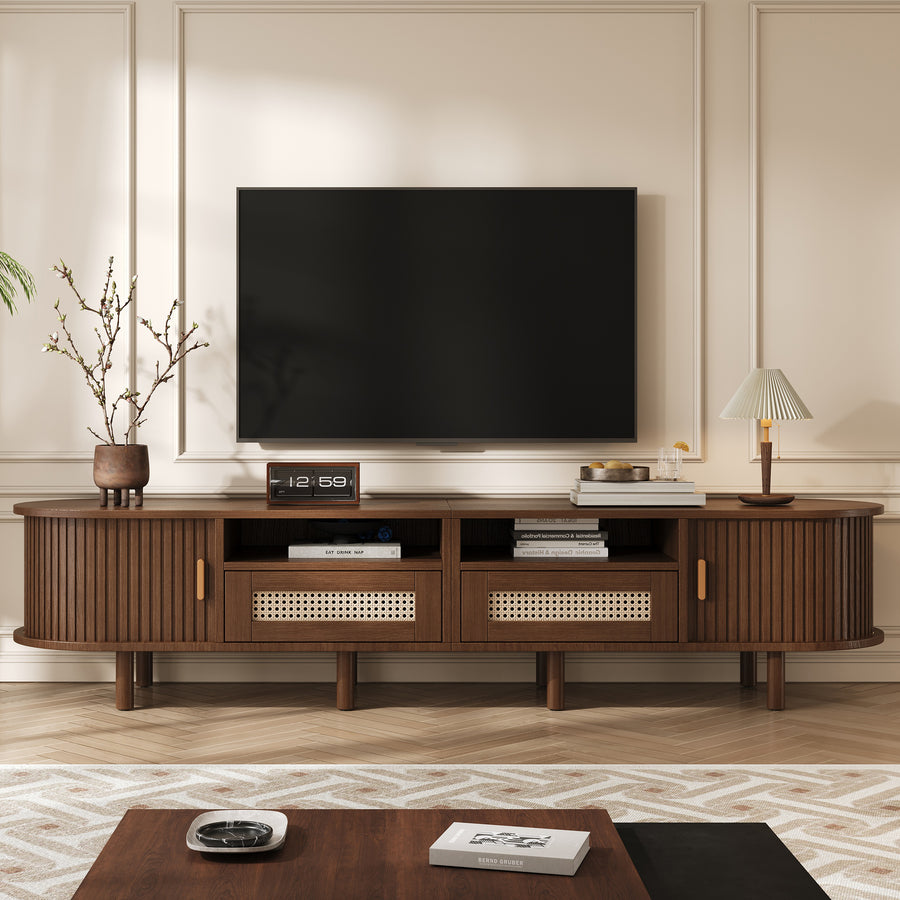 TV Stand With 2 Rattan Drawer And 2 Sliding Doors,Oval TV Cabinet Storage Sideboard With Rounded Corners For Livingroom, 170x40x40cm,Dark Oak,MDF, Weight Capacity 30kg, Suitable For 70inch TV