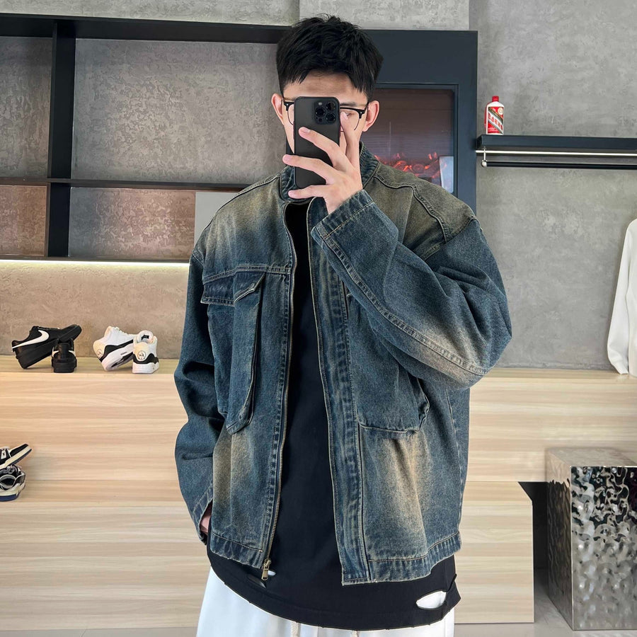 Men's Denim Jacket With Large Pockets And A Stand-Up Collar