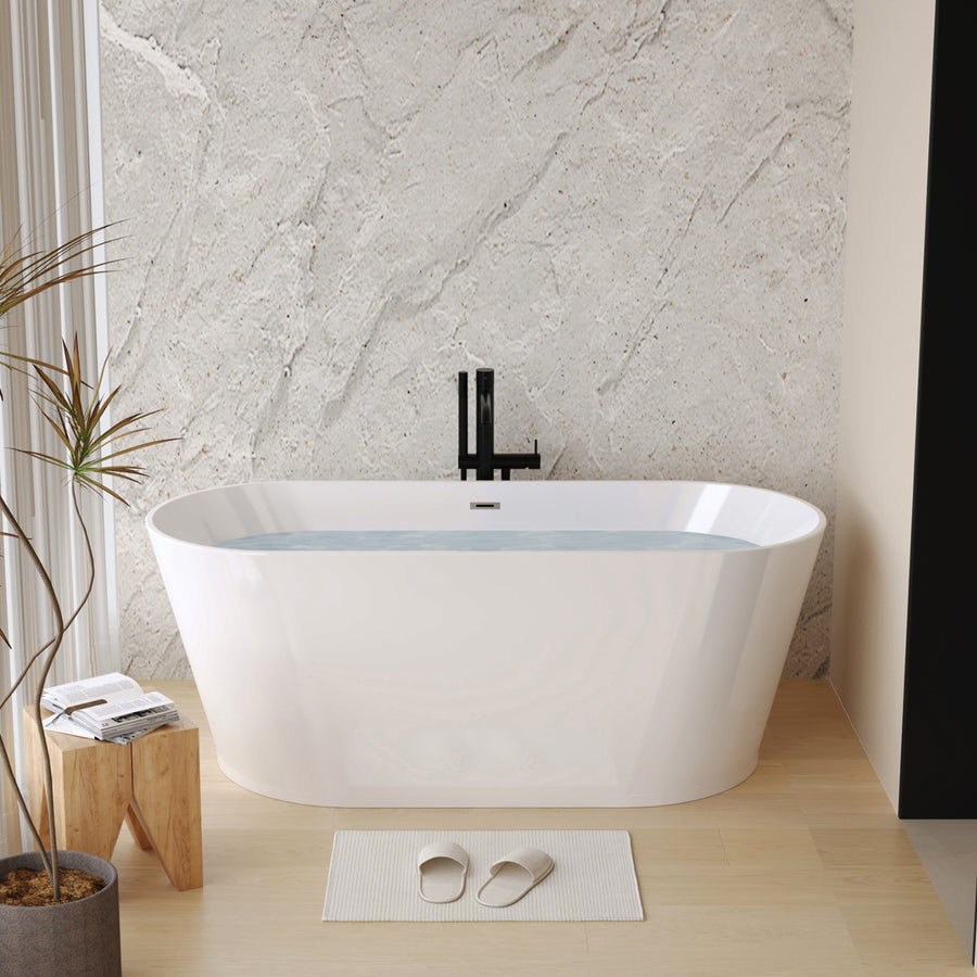 55 Acrylic Freestanding Bathtub, Stand Alone Soaking Tub, Glossy White Acrylic, Toe-tap Chrome Drain, CUPC Certified