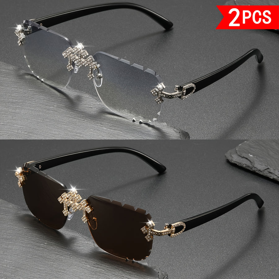 2 Pairs Of Frameless Crystal Stone Sunglasses, Ladies' Frameless Drop-tempered Glasses, With Shining Crystal Decorations, Suitable For Parties, Daily Outings And As Decorative Sunglasses For Fashionab