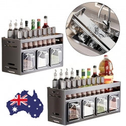 2 Tiers Wall-mounted Countertop Spice Rack Jars Shelves Stand Kitchen Organiser-4-Grids