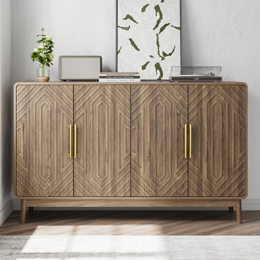 Sideboard Buffet Cabinet With Storage ,Carved 4 Door Sideboard,Multifunctional Accent Cabinet With Adjustable Layer Board For Living Room, Entryway, Hallway, Office, Kitchen And Dining Room