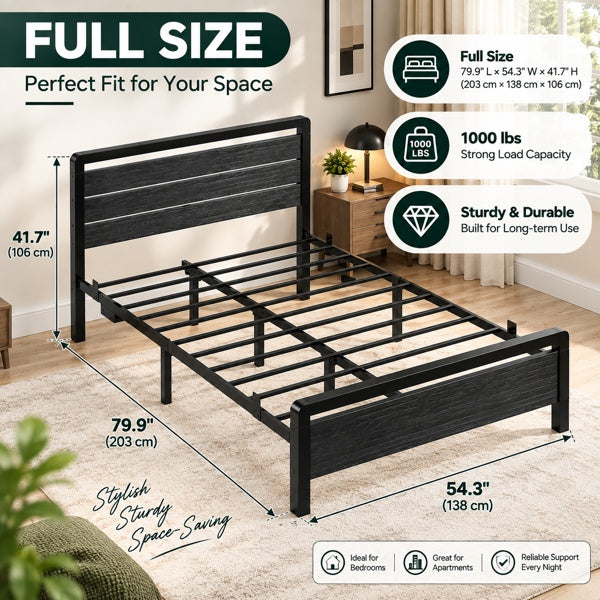Full Size Metal Wood Platform Bed Frame, 3-Panel Black Wood Grain Headboard With LED Light & Charging Station, Heavy Duty Steel Slat Support, No Box Spring Needed, Black Wood Grain