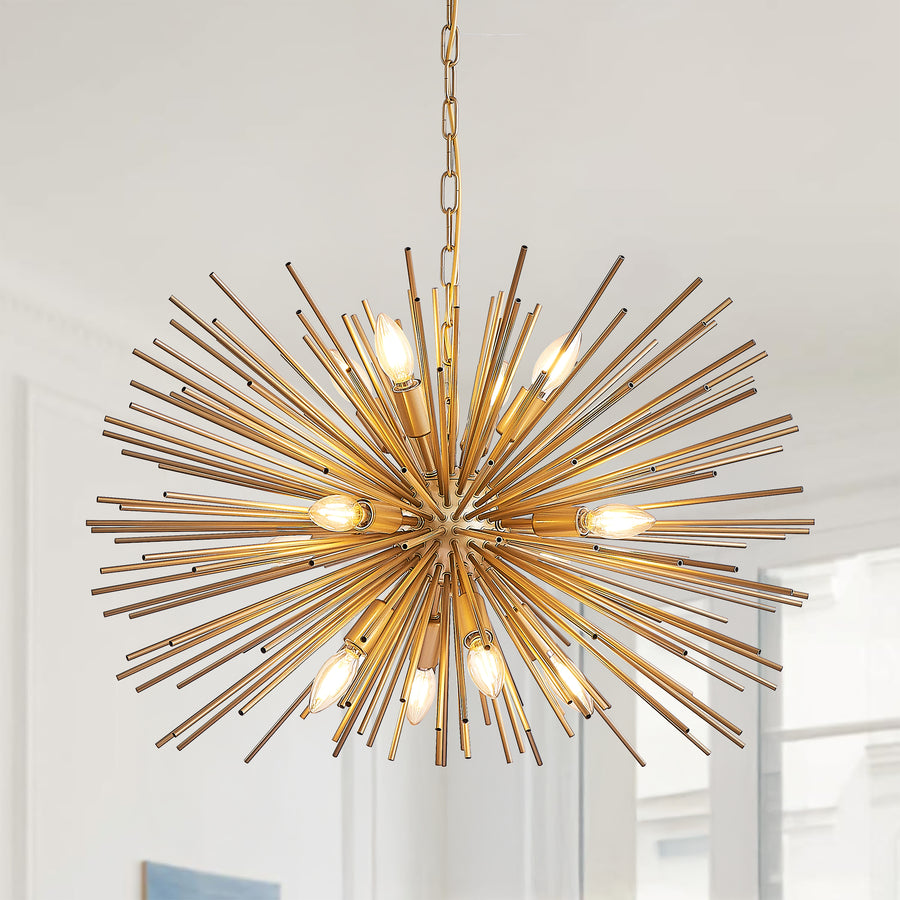 29 Mid-Century Modern 12-Light Starburst Chandelier Gold Sputnik Pendant Light Fixture For Living Room, Dining Room, Or Foyer Bulb Not Included