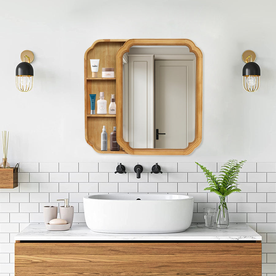 31.5 X 23.82 Wood Framed Wall - Mounted Mirror Cabinet With Storage Shelves, Medicine Mirror For Bathroom, Living Room, Entryway