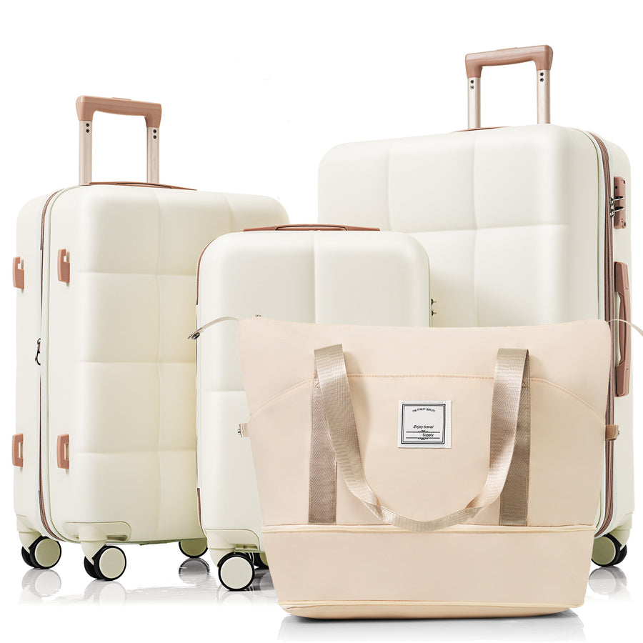 Luggage Sets 4 Piece, ABS Durable Suitcase With Travel Bag, Cup Holder, ABS Hard Shell Luggage With Spinner Wheels, White