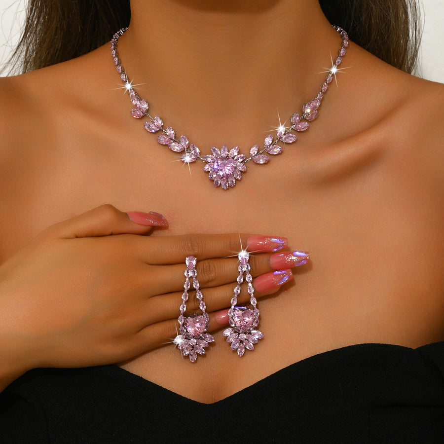 Women Simulated Pink Quartz Floral Heart 2Pcs Jewelry Set, V Floral Necklace Drop Earring Matching Kit