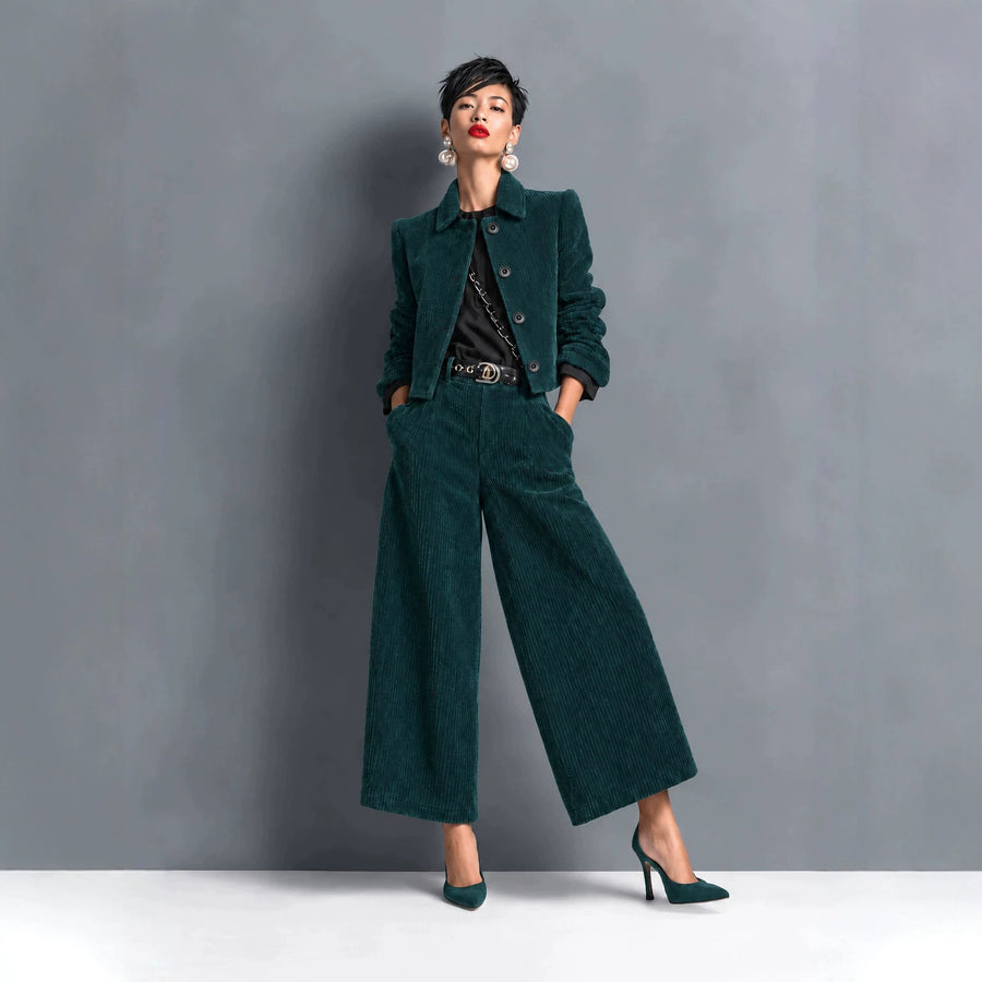 Corduroy Cropped Jacket And Wide-leg Pants Set