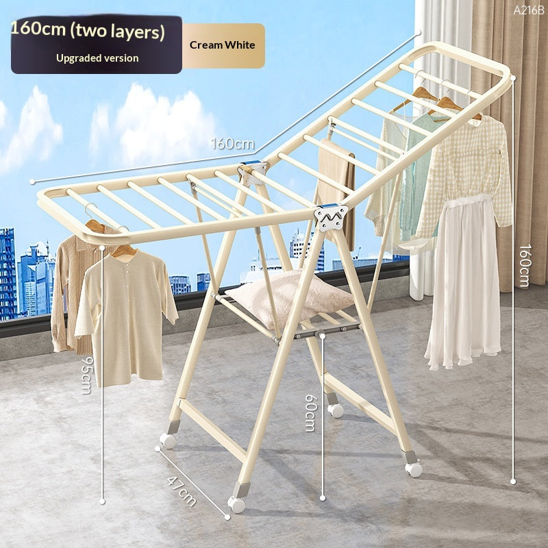 1.6-meter Cream White - Double-layer Air DryingFolding Clothes Rack Balcony Household Movable Indoor Clothes Rack Multifunctional Blanket Drying Tool Floor Drying Rack
