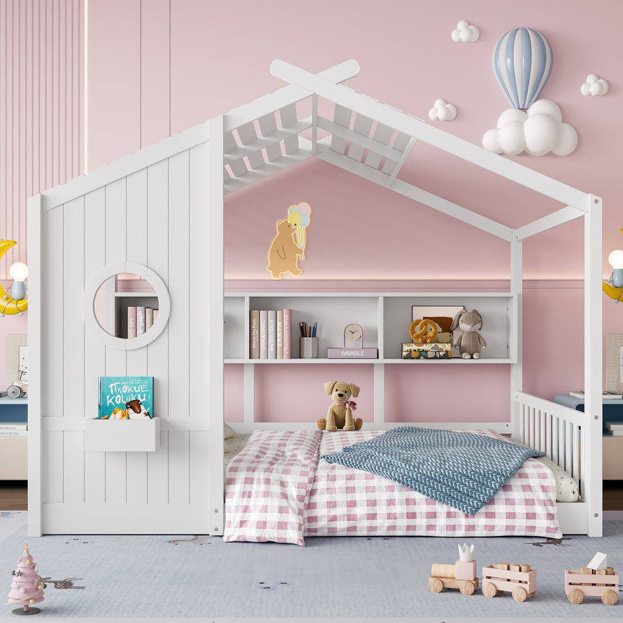 Full Size Floor House Bed For Toddler, Kids Montessori Bed With Storage Shelf, Playhouse Bed With Roof Design, White