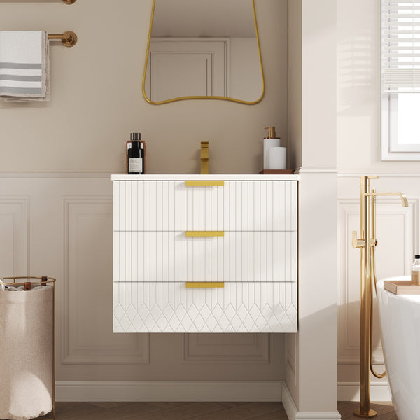 24inch Wall Mounted Floating Cabinet W Double Drawer, Floating Rectangular Vanity Small Bathroom Sink With Single Faucet Hole And Overflow, Modern Bathroom Cabinet With Ceramic Basin Sink