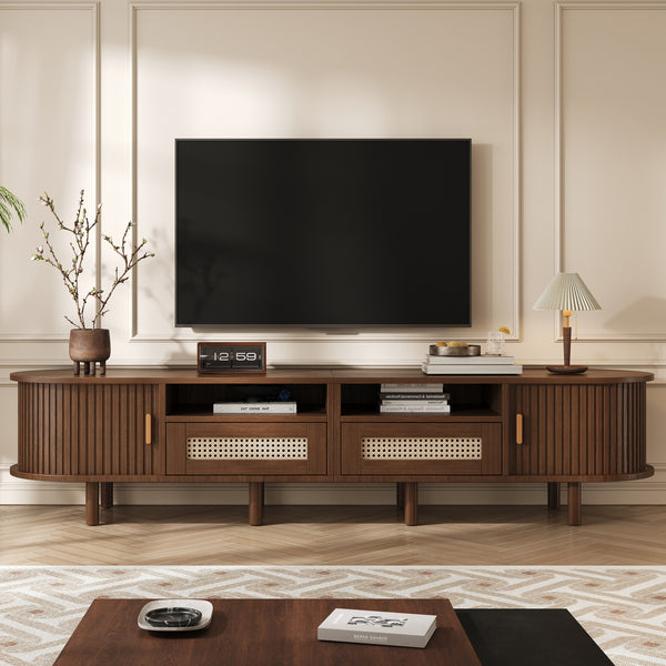 TV Stand With 2 Rattan Drawer And 2 Sliding Doors,Oval TV Cabinet Storage Sideboard With Rounded Corners For Livingroom, 170x40x40cm,Dark Oak,MDF, Weight Capacity 30kg, Suitable For 70inch TV