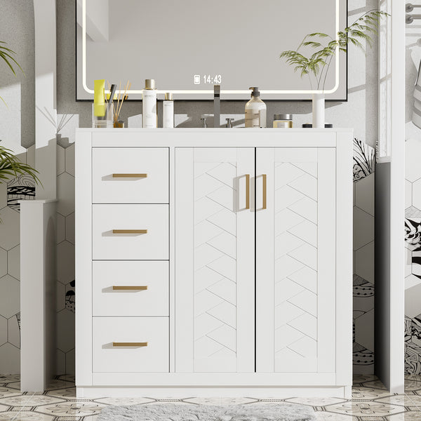 36'' Bathroom Vanity With Ceramic Sink Combo, Solid Wood Frame Bathroom Storage Cabinet, Freestanding Vanity Set With 3 Drawers& Soft Closing Doors