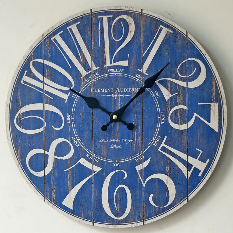 Blue Digital Wall Clock Creative Old Wooden Wall Sticker Clock