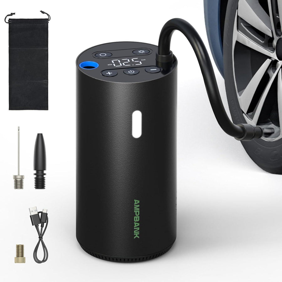 AMPBANK AT004 Smart Portable Tire Air Pump For Cars, Motorcycles, Bicycles And Balls With Pressure Gauge And LED Screen For Fast Inflation
