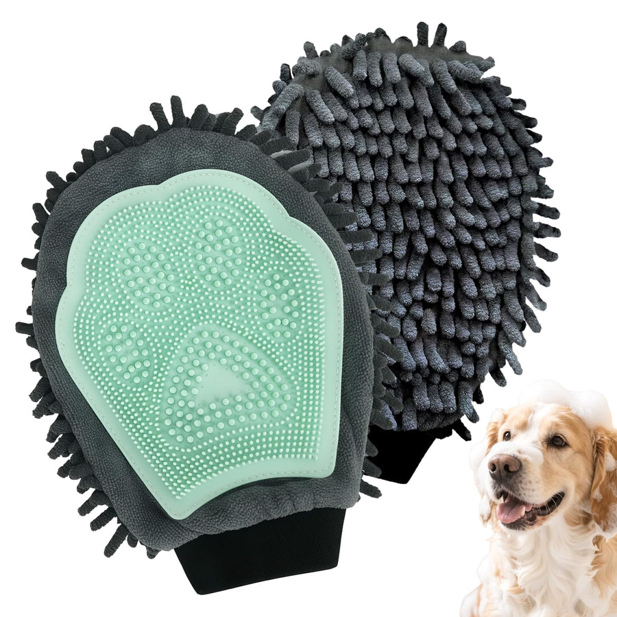 Green Double-Sided Dog Bath Glove Dog Washing Glove For Dogs&Cats Massage Dog Brush Glove,Chenille Absorbent Pet Towel Mitt,Pet Grooming Glove For Hair Removal Glove,Pet Bathing Glove