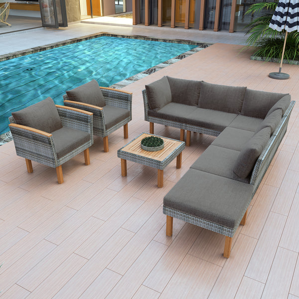 9-Piece Patio Rattan Furniture Set, Outdoor Conversation Set With Acacia Wood Legs And Tabletop, PE Rattan Sectional Sofa Set With Coffee Table, Washable Cushion, Gray