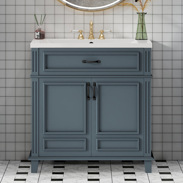 30'' Bathroom Vanity With Ceramic Sink,Solid Wood Frame Bathroom Storage Cabinet With Soft Closing Doors, Retro Style, Blue