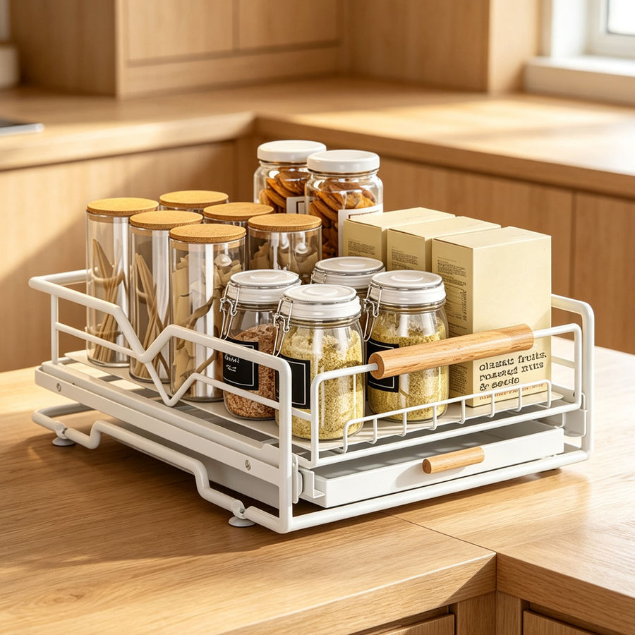 Pull Out Cabinet Organizer Iron Slide Out Storage Drawer Under Sink Rack With Drain Tray For Kitchen White For Seasoning