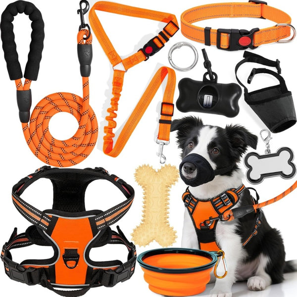 Dog Harness Collar And Leash Set - Dog Halter Harnesses Fits Small Medium Dogs Orange-M