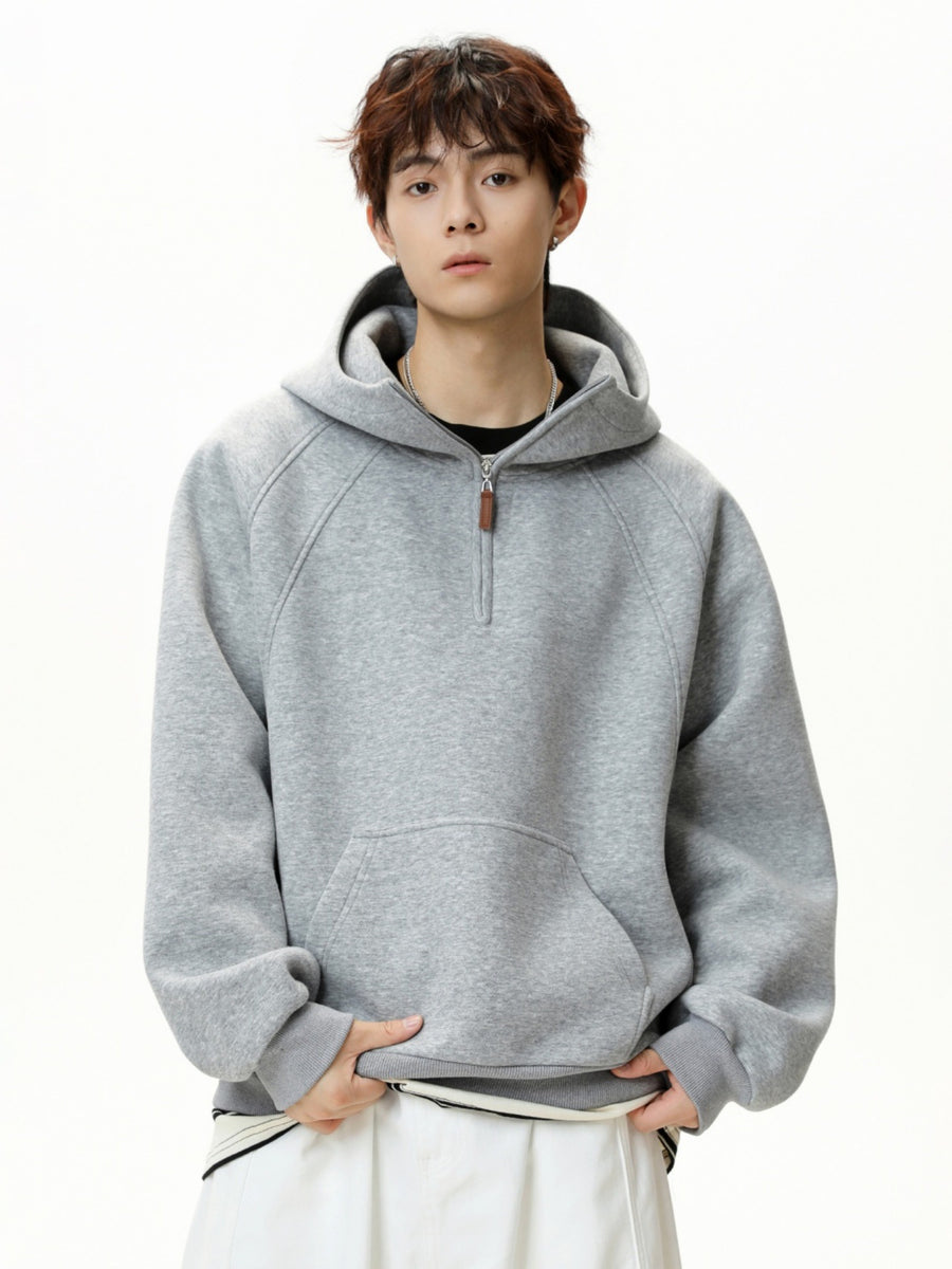 Three-Dimensional Cut Half-Zip Hooded Sweatshirt For Men, New Autumn And Winter Style, Heavyweight Thickened Half-High Collar Raglan Sleeve Hoodie Jacket
