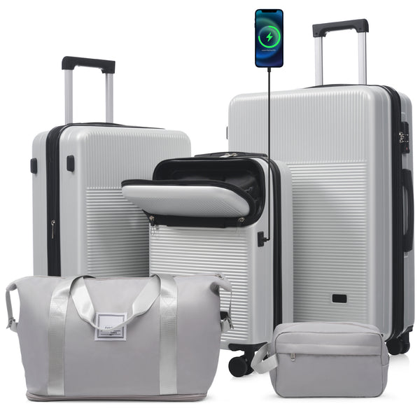 Luggage Sets 5 Piece With Half-opening, Hardside Carry On Suitcase Set With Double Spinner Wheel, Lightweight Travel Luggage With USB Port,TSA Locks