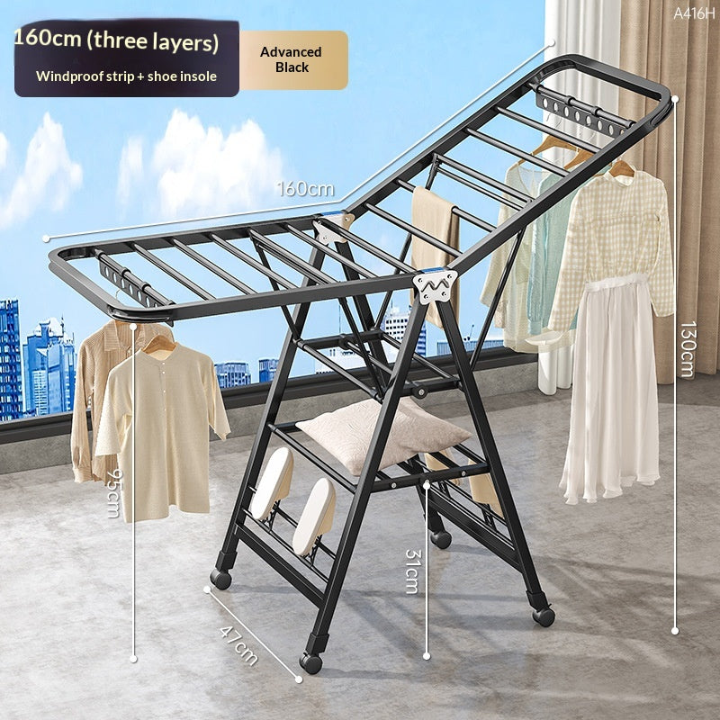 1.7-meter Gun Gray - Three-layer Air Drying-windproof Strip-shoe HolderFolding Clothes Rack Balcony Household Movable Indoor Clothes Rack Multifunctional Blanket Drying Tool Floor Drying Rack