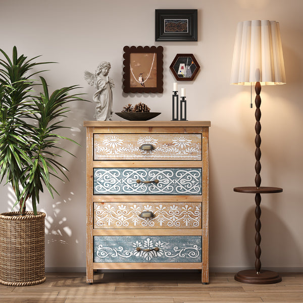 Vintage 4-Drawer Chest With Distressed Wood & Ornate Pattern Design, Rustic Storage Dresser For Bedroom Living Room