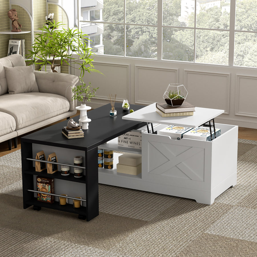 U-Can Farmhouse  Lift Top Coffee Table With Barn Doors, Wood Rectangle Center Table With Large Hidden Storage Space And Open Cabinet, For Living Room, Bedroom, Home Office
