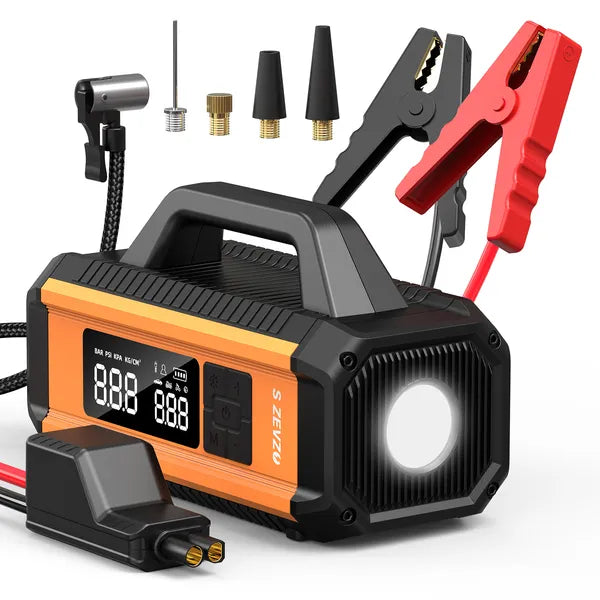2 In 1 Car Jump Starter With Air Compressor Air Inflator Battery Charge Jumper Booster Power Bank Jumper Box Blue Red Emergency Alarm Flashlight