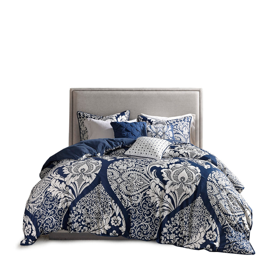 7 Piece Cotton Printed Comforter Set Indigo Cal King