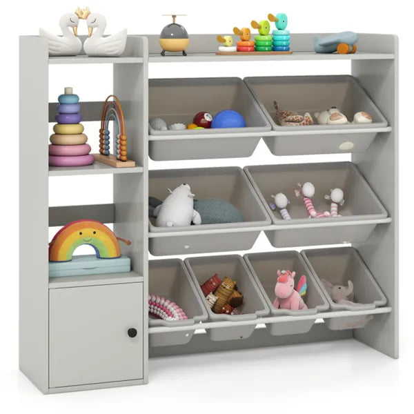 Kids Toy Organizer (Grey) - 44"x12"x39.5", 8 Storage Boxes, Open Shelves+Cabinet.