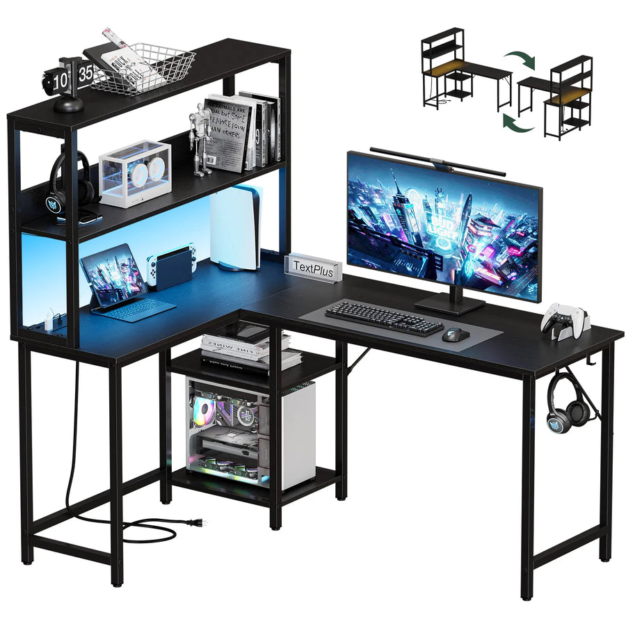 43/53 Inch L-Shaped Desk with Storage Shelves & Hooks - Reversible Computer Table Suitable for Office, Gaming Setup, Workstation with Spacious, Assembly, Space-Saving for Small Rooms