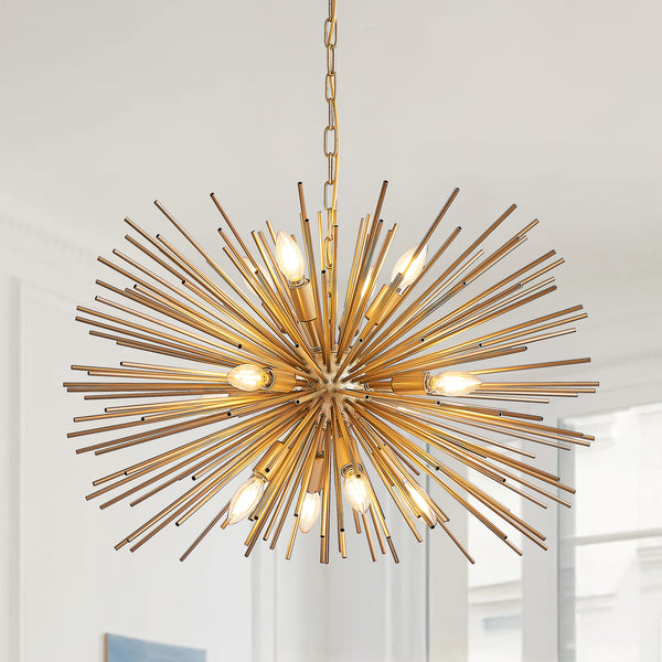 29 Mid-Century Modern 12-Light Starburst Chandelier Gold Sputnik Pendant Light Fixture For Living Room, Dining Room, Or Foyer Bulb Not Included