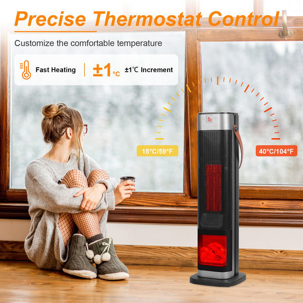 1Pc 1500W Oscillating Ceramic Tower Space Heater With 3D Flame Portable Electric Heater With 3 Wind Mode Heating Remote Control 12H Timer Overheat Tip-Over Protection For Bedroom Office