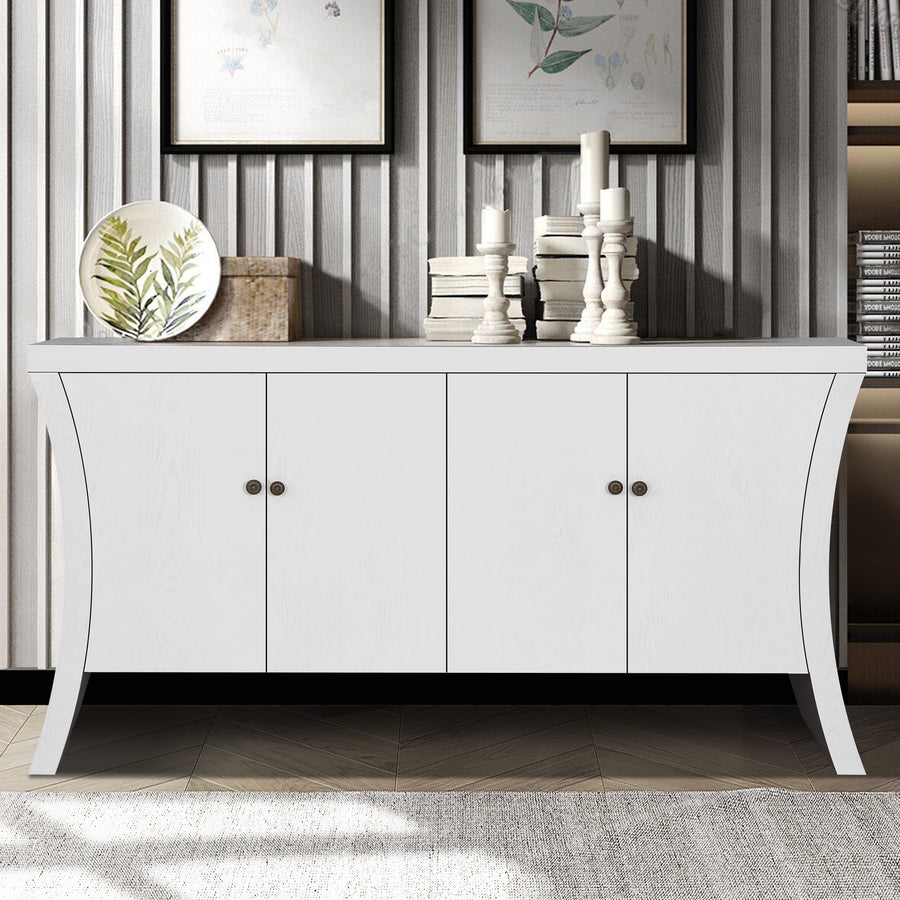 Refined Industrial 4-Door Credenza With Wooden Arc Legs & Bronze Clasps - Advanced Storage Design, Solid Craftsmanship, White