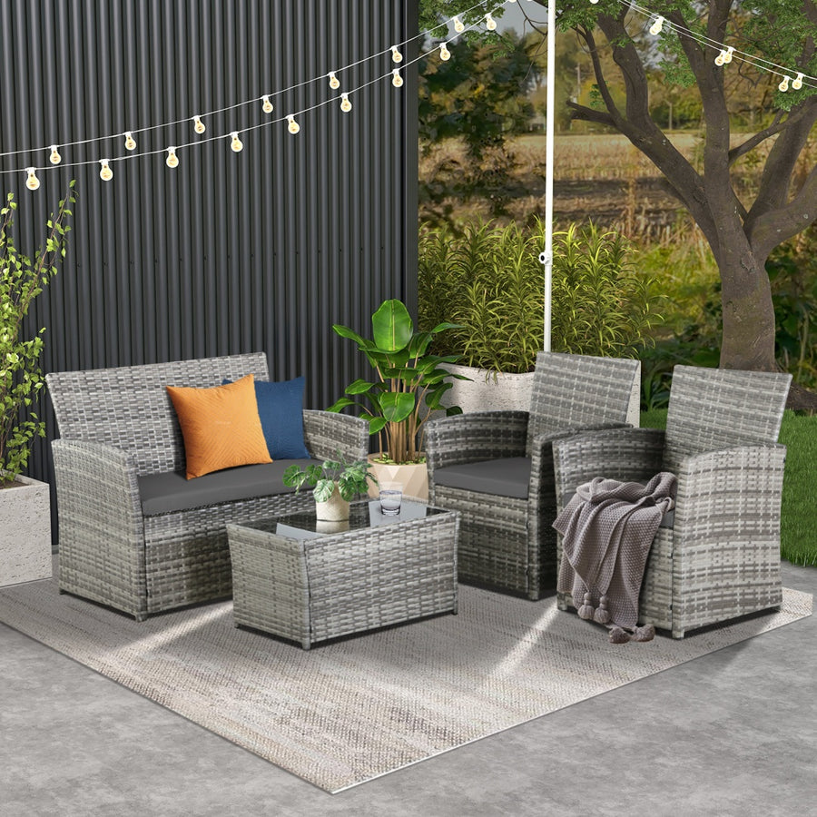 4-Piece Patio Furniture Set - Rattan Outdoor Conversation Bistro Set W-Cushions, Glass Coffee Table, Wicker Chairs & Loveseat For Garden Backyard Porch, Balcony Furniture Set