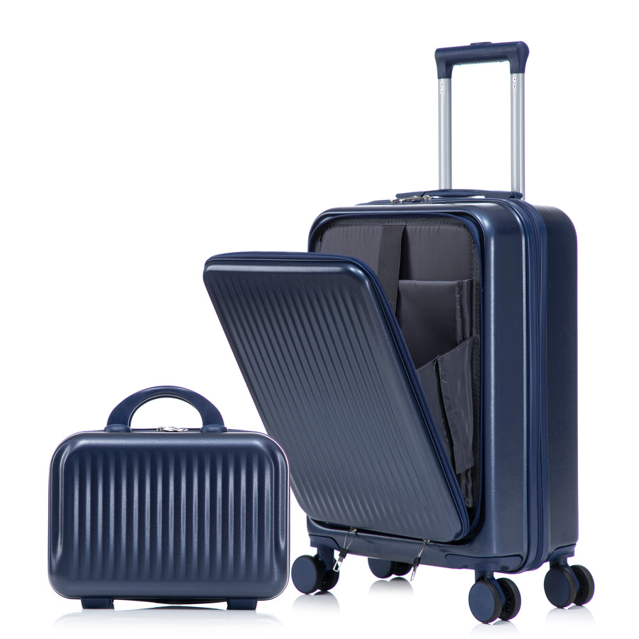 14-20 2 Pcs  Set In ABS Spinner Wheel Luggage, With Combination Lock And Front Opening Design, 14 Cosmetic Case Navy