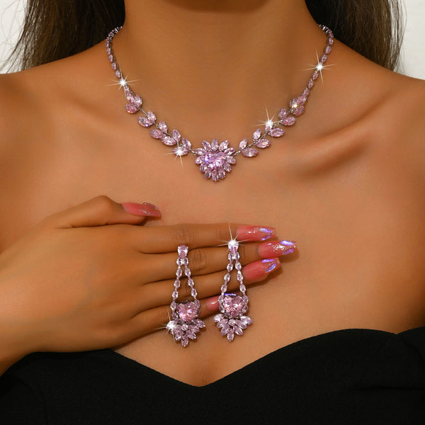 Women Simulated Pink Quartz Floral Heart 2Pcs Jewelry Set, V Floral Necklace Drop Earring Matching Kit