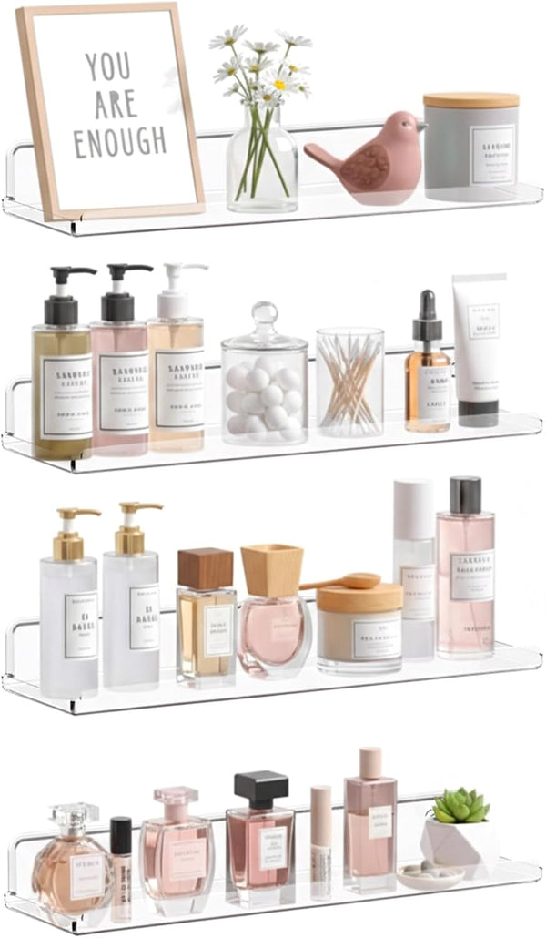 Clear Acrylic Floating Shelves 4 Units, 14 Inch Wall Mounted Organizer Shelves For Bedroom, Bathroom, Kitchen And Home Decor