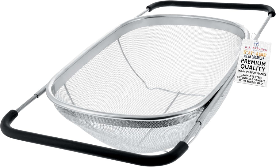 Stainless Steel Colander Strainer, 6 Quart Collapsible Kitchen Sieve With Expandable Rubber Handles, Fine Mesh Rectangular Food Drainer