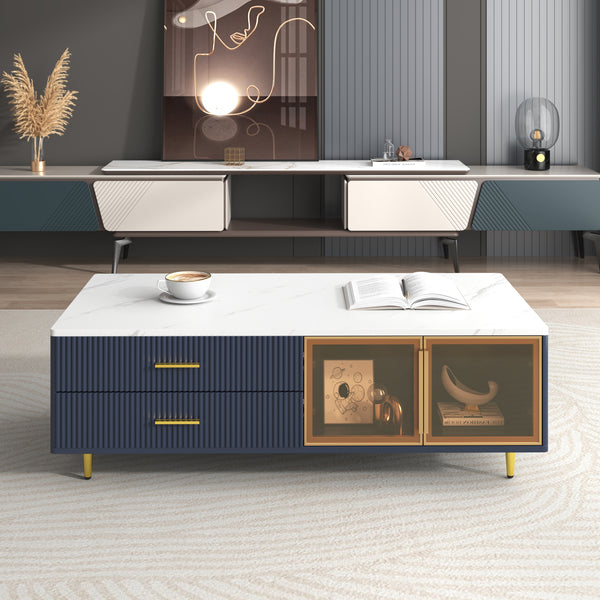 Modern Navy Blue Coffee Table With 2 Glass Door Storage, 4 Drawers, Gold Metal Legs, And Multi-Color Lighting In 47.2