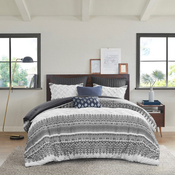 3 Piece Cotton Comforter Set With Chenille Tufting Gray Full Queen