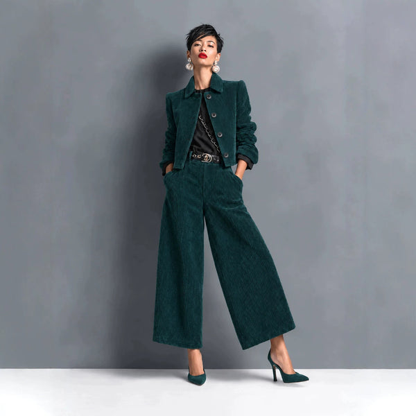Corduroy Cropped Jacket And Wide-leg Pants Set