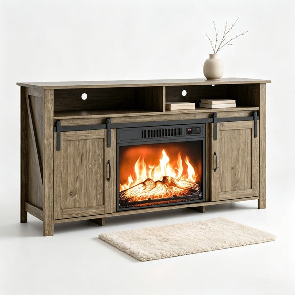 Washed Gray Finish Fireplace TV Stand,  Embossed Particle Board With Melamine Foil, Double Sliding Barn Doors With Track, Fits 23inch Electric Fireplace Insert