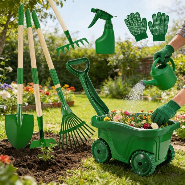 7-Piece Green Garden Tool Set, Garden Tool Set With Wheelbarrow, Practical Garden Hoe & Shovel Including Transport Wheelbarrow, Complete Garden Tool Set For Garden Bed Maintenance