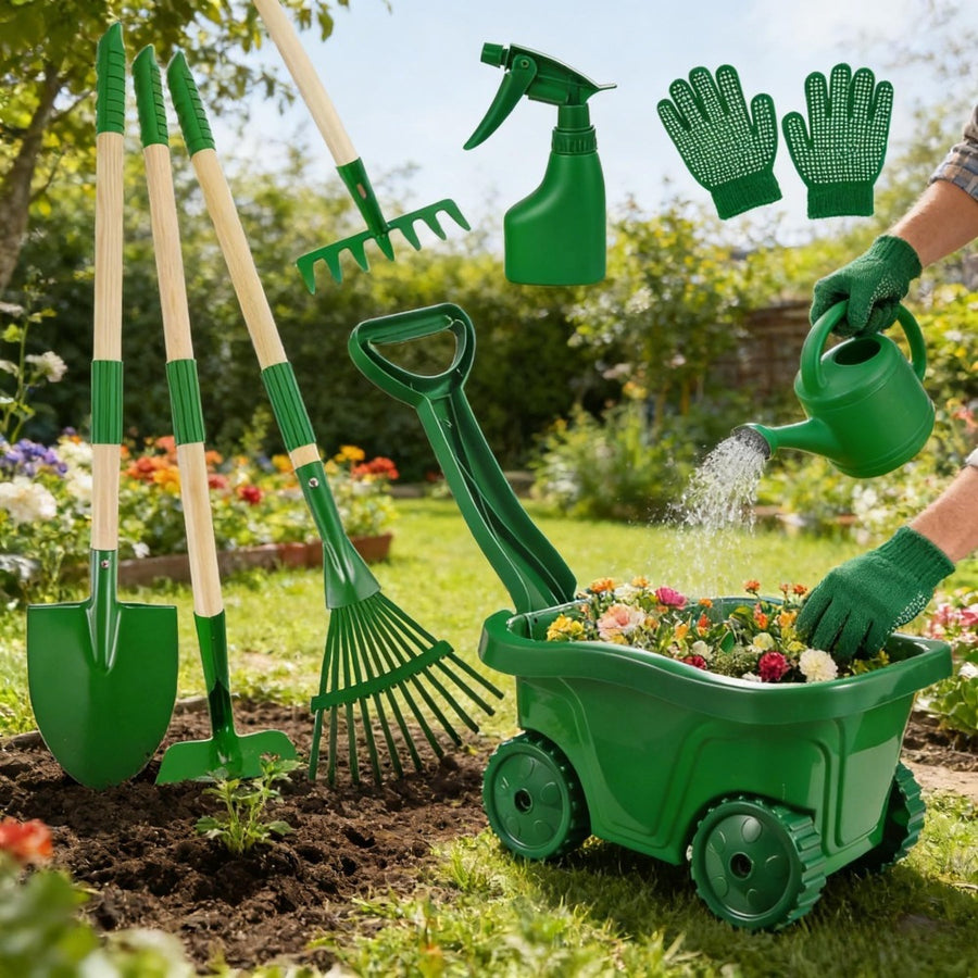 7-Piece Green Garden Tool Set, Garden Tool Set With Wheelbarrow, Practical Garden Hoe & Shovel Including Transport Wheelbarrow, Complete Garden Tool Set For Garden Bed Maintenance