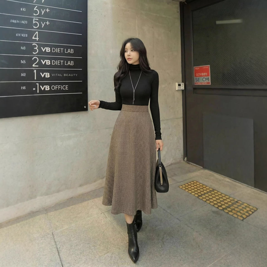 American-style Retro Plaid Brown Semi-formal High-end Midi Skirt