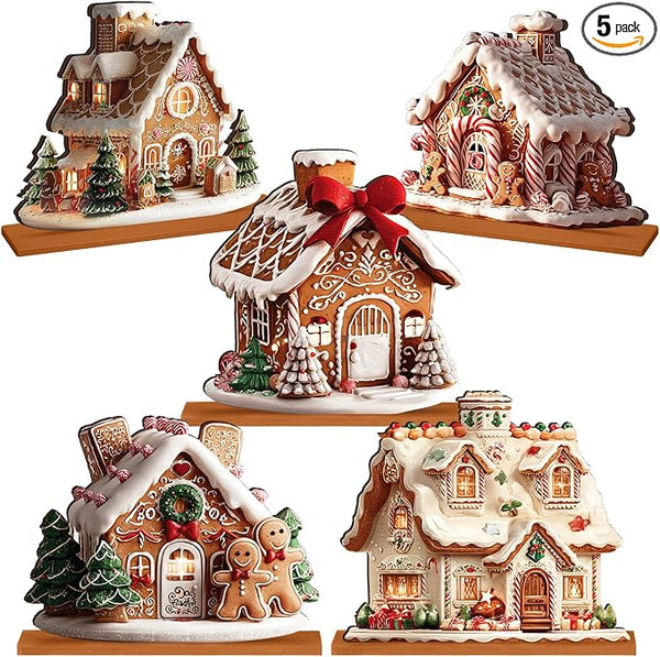 5 Pcs Gingerbread Christmas Table Decor Set, Mini Gingerbread Village Decorations For Holiday Tabletop, Mantel, Shelf And Home