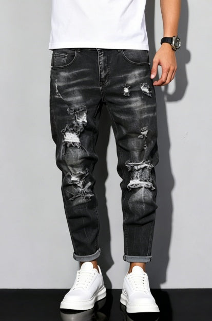 Big And Tall Black Jeans Men Distressed Vintage Washed Plus Size Straight Denim Pants US Warehouse